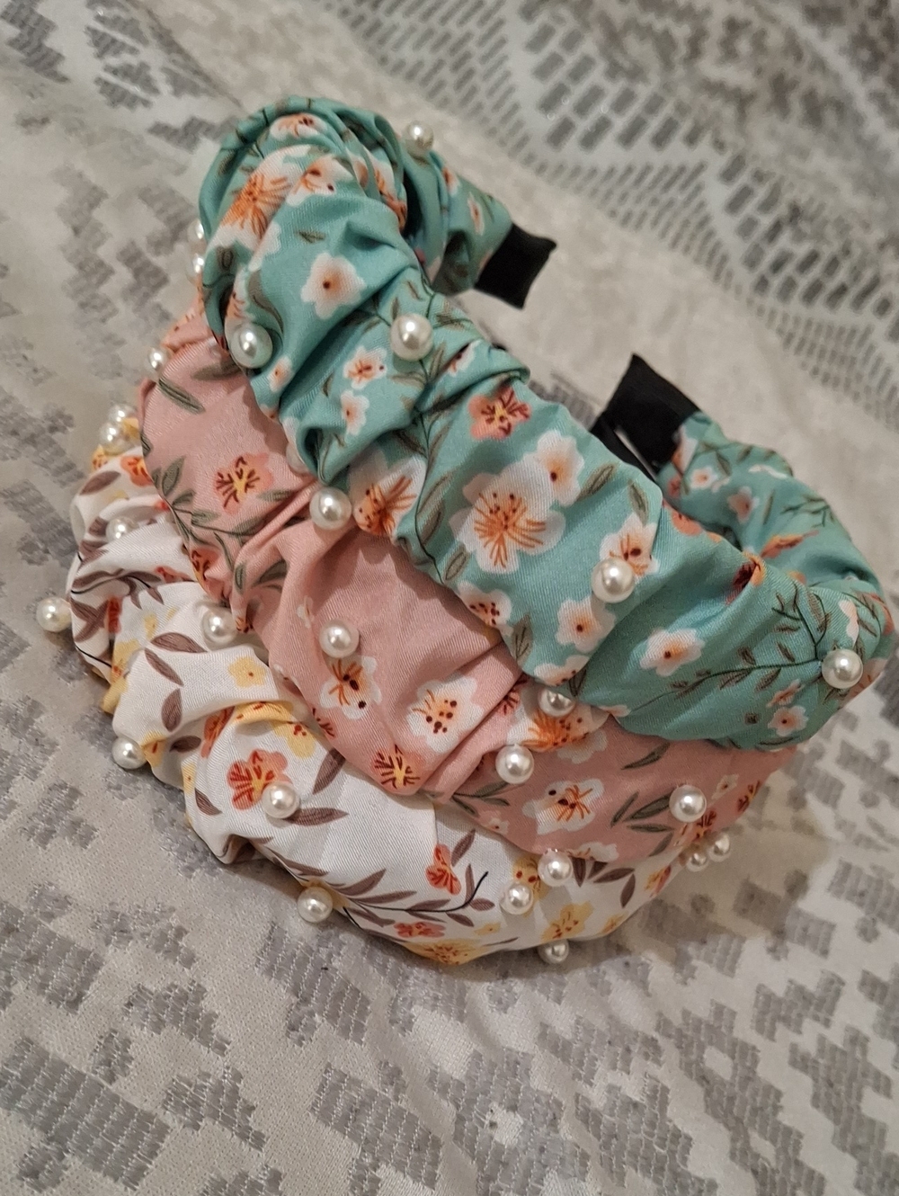 Floral Pearl-Embellished Ruched Headbands - Mint, Blush & Ivory (Choose 1)